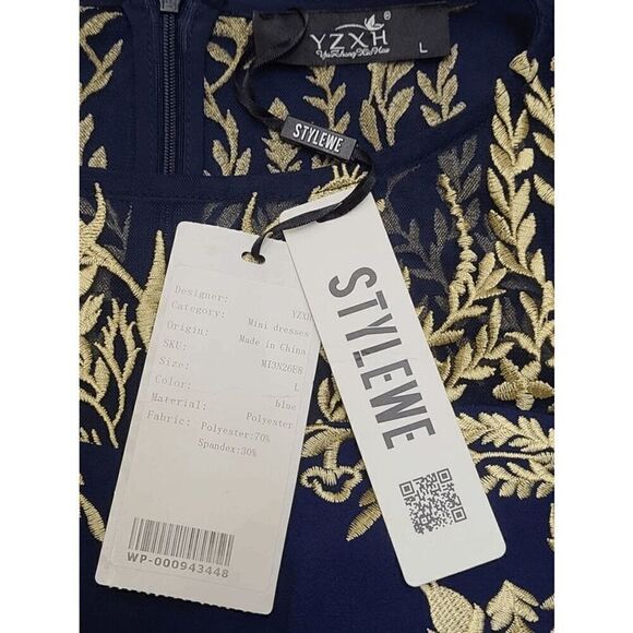 💙 NWT Blue Gold Floral Embroidered ¾ Mesh Sleeves Formal Sheath Dress SIZE 6 - Picture 8 of 15